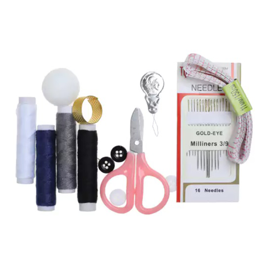 [BA1960] Kit de costura para viaje: 4 hilos | 4 botones | 16 agujas | 1 tijera | 1 henebrador | 1 dedal | 1 esponja de alfileres | 1 metro | 1 estuche BA1960